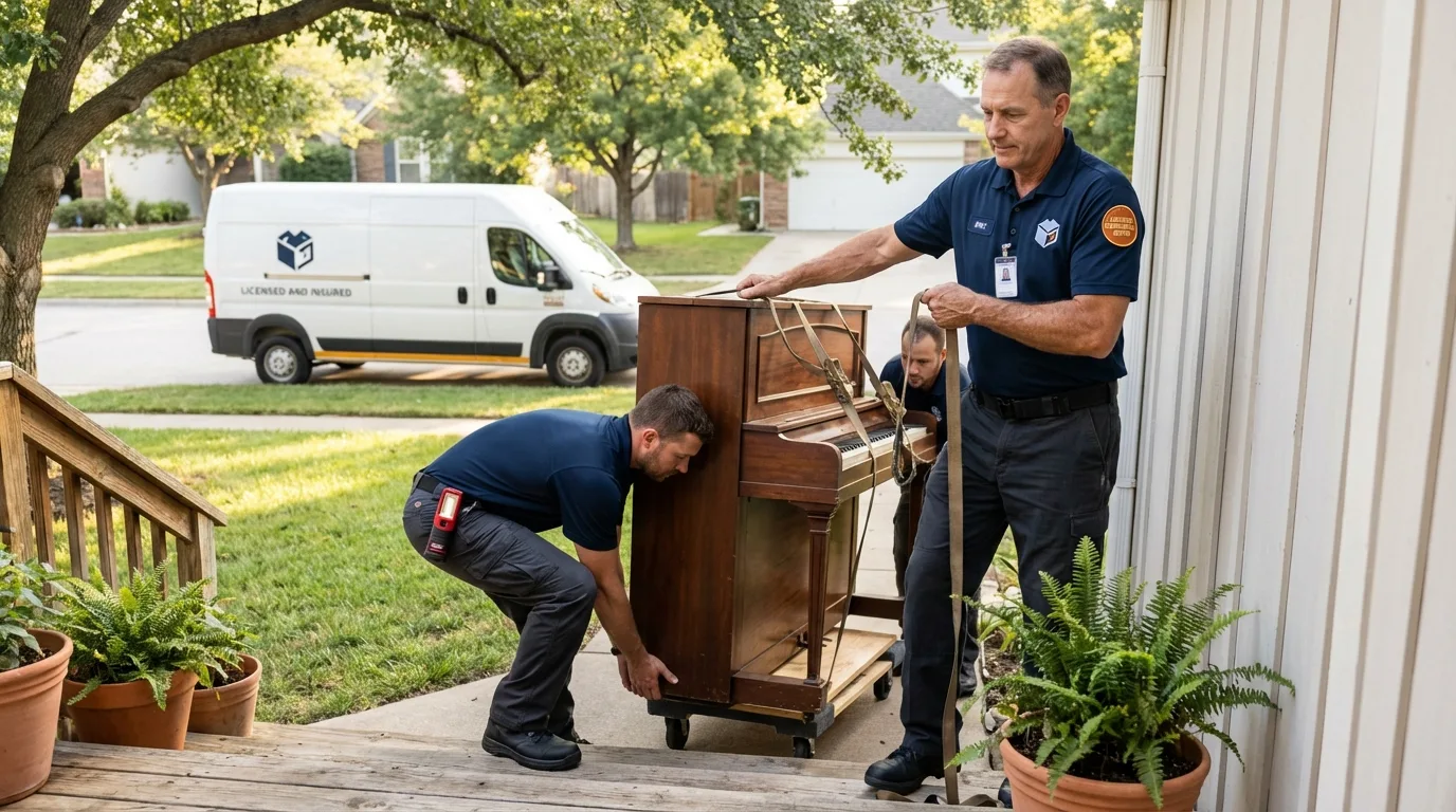 Licensed piano movers securing grand piano in Carbondale, KS
