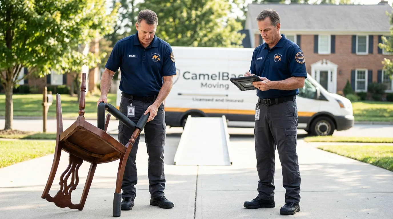 Movers inspecting furniture for damage prevention before loading in Carbondale, KS