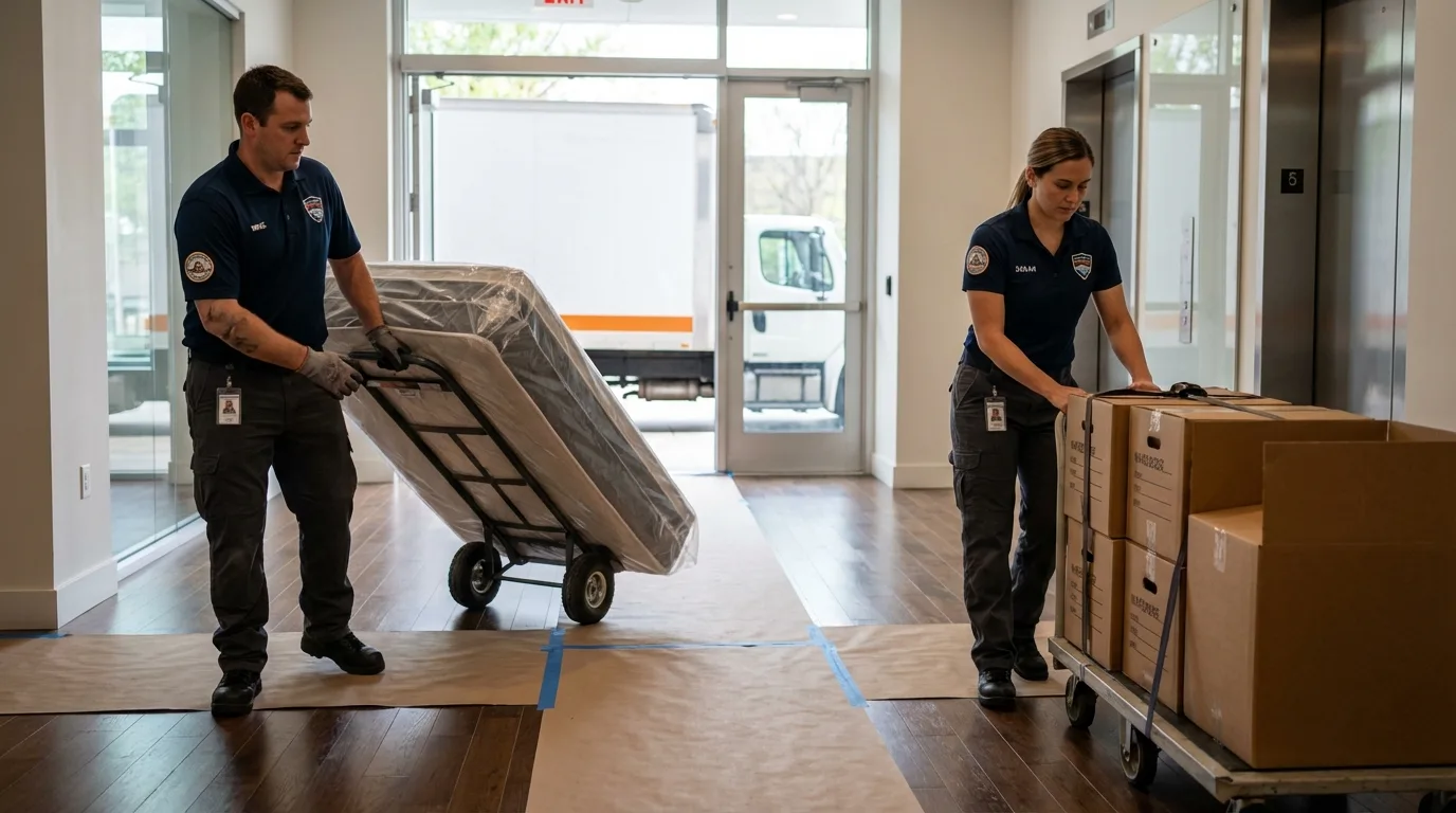 Professional apartment movers loading elevator in Carbondale, KS